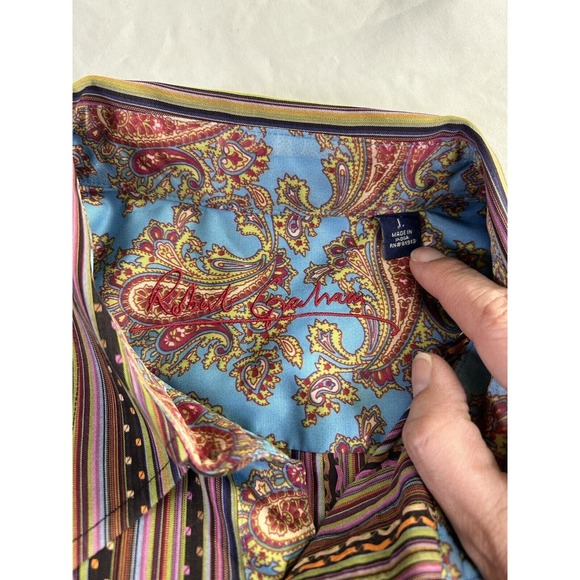 Robert Graham Men’s Vertical Stripe Paisley Embroidered Collared Shirt Large - Picture 7 of 12